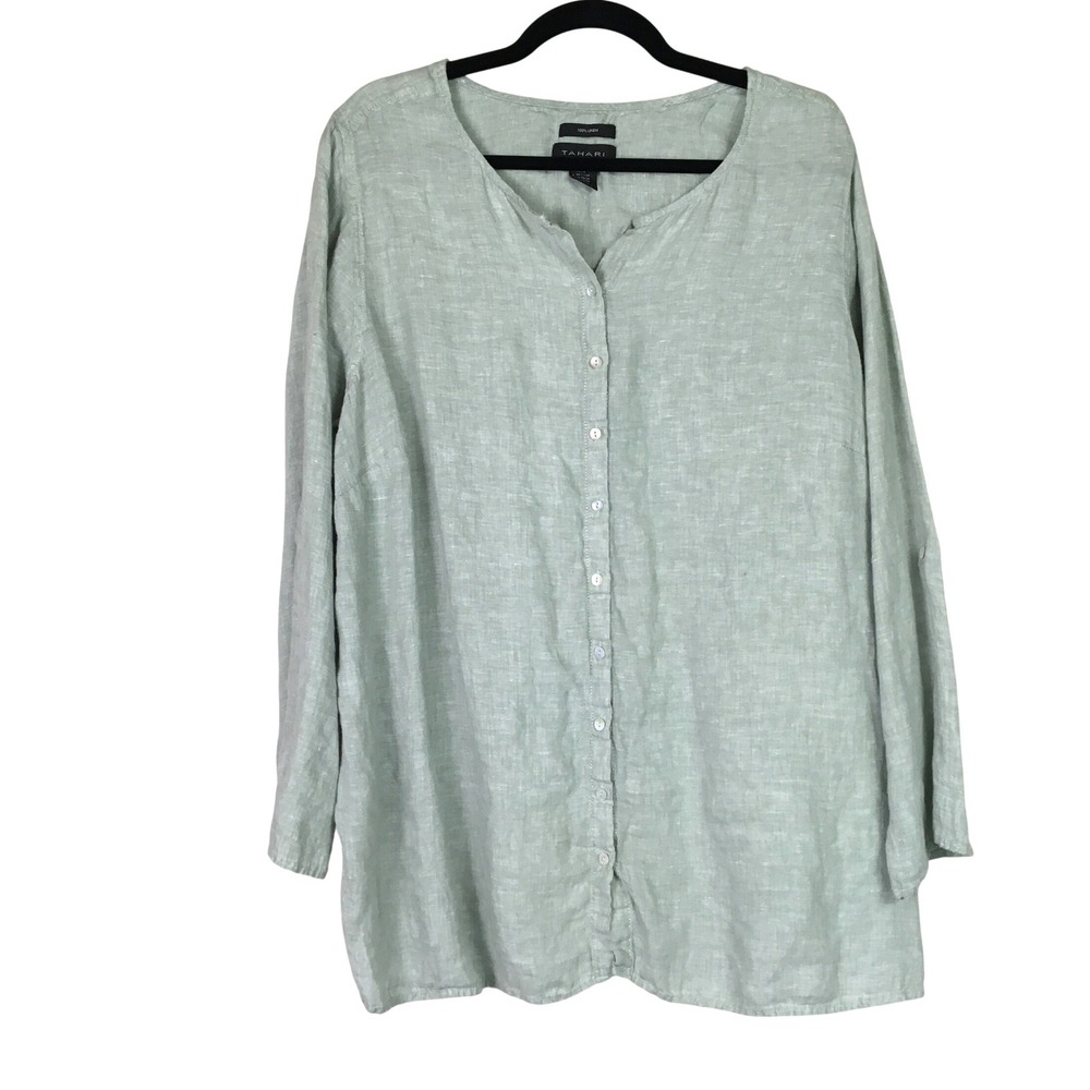 Tahari 100% Linen Roll Tab Sleeve‎ Button Front Tunic 2X Sage Green